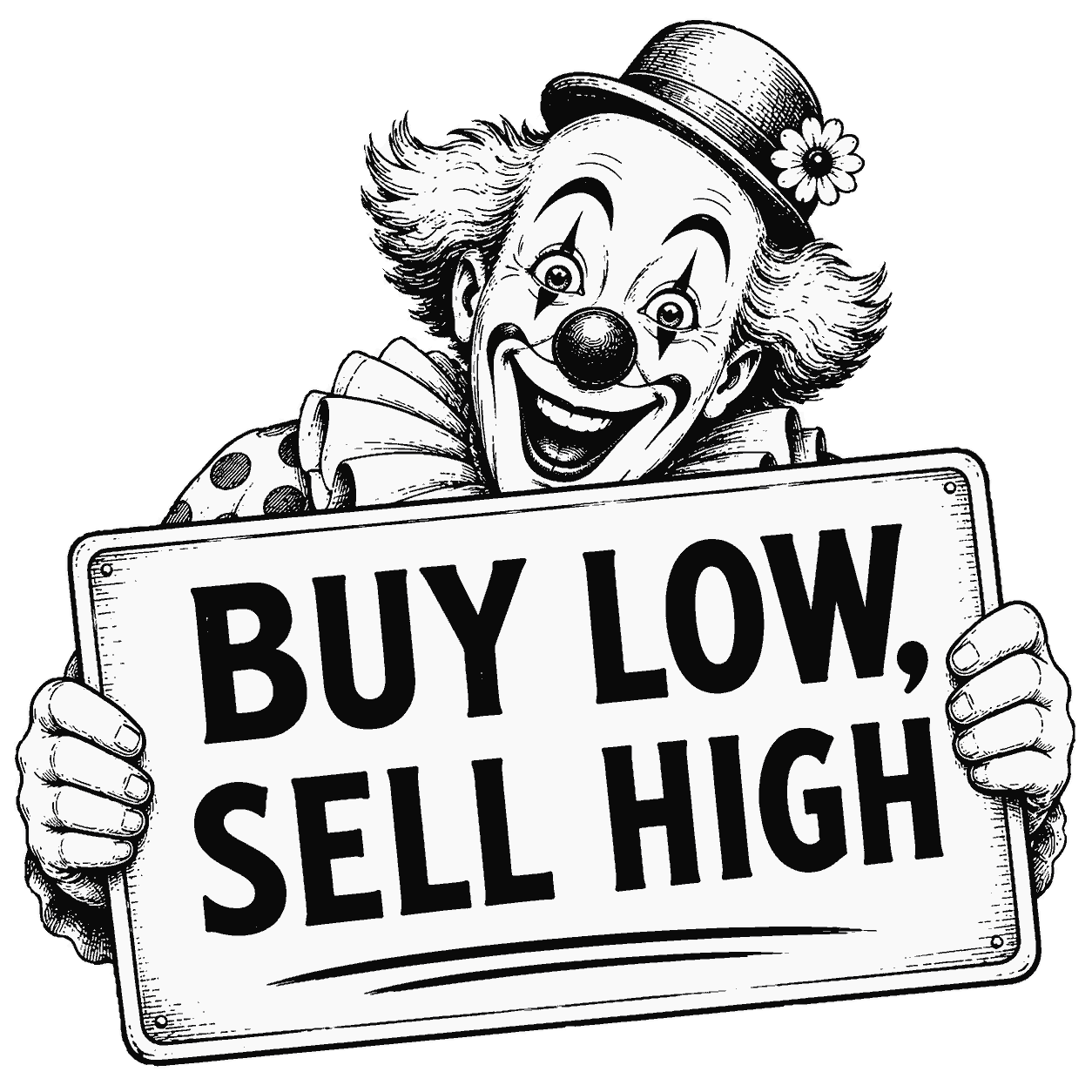 A clown holding a sign that says Buy Low, Sell High