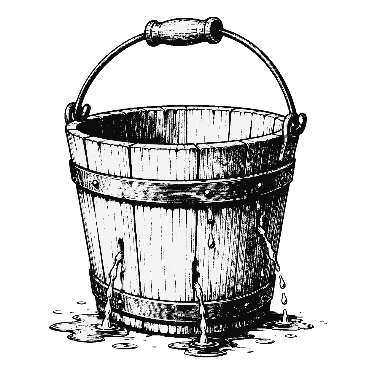 A leaking wooden bucket