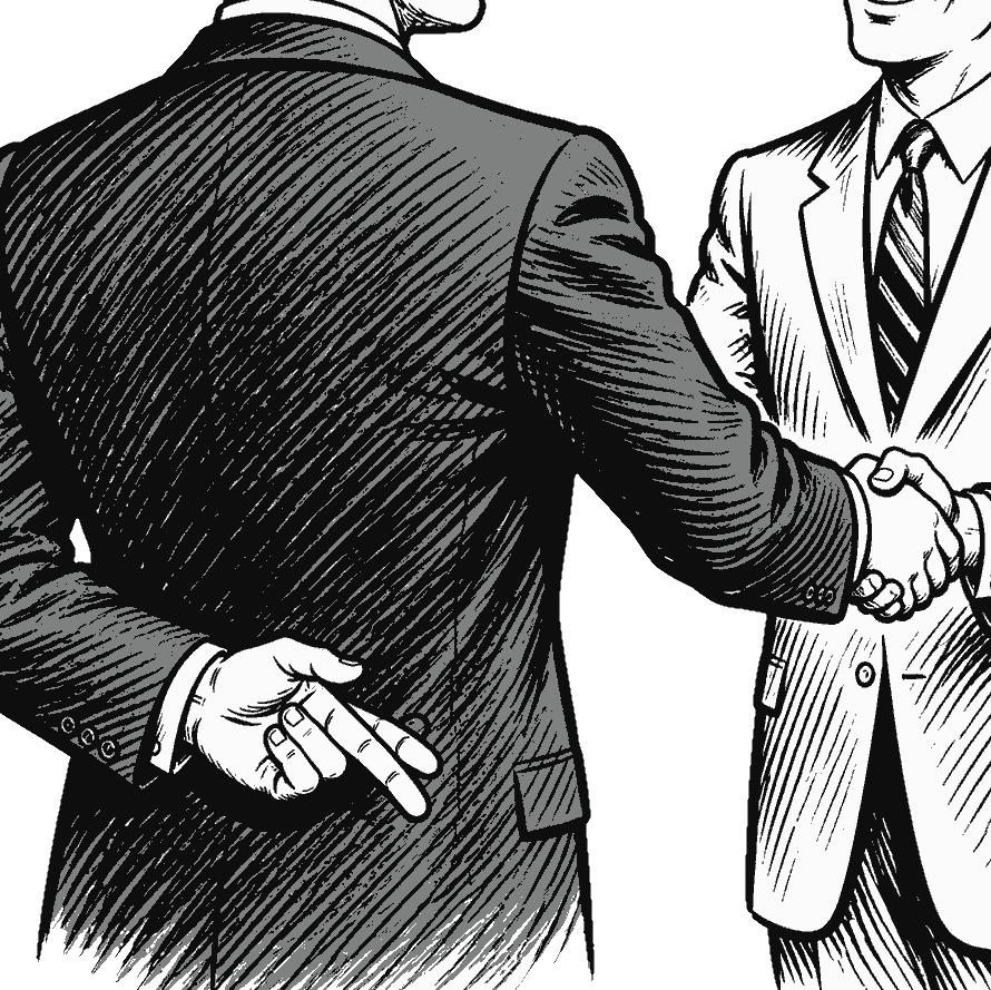 A handshake with fingers crossed behind the back
