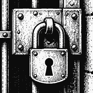 A heavy padlock on a bolted door